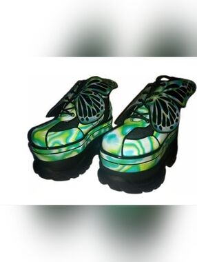 RARE "UTOPIAN GODESS" Iridescent Green Butterfly Platform Lace-Up Sneakers